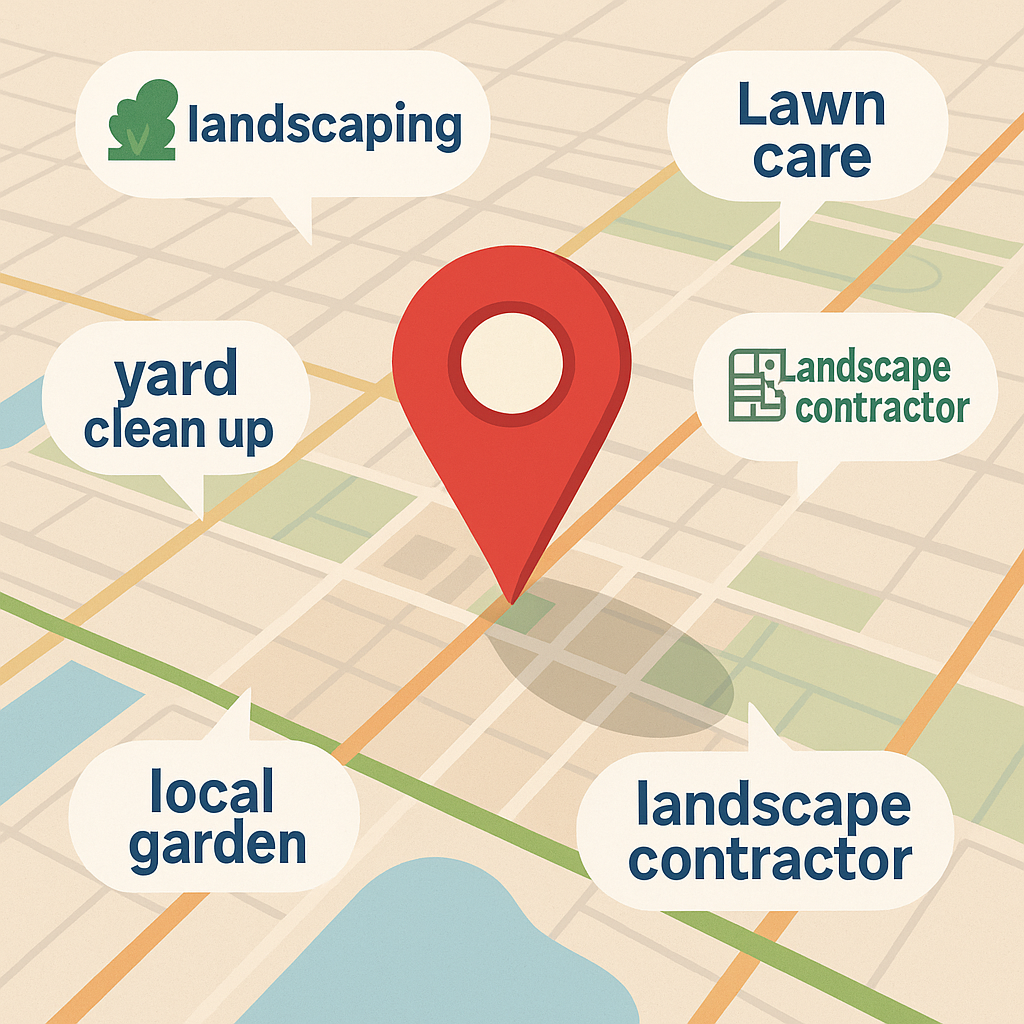 Illustration of a local map with floating keywords above it, showing how a business can dominate local search terms with a large business pin marking the location, representing the success of using Search Box Optimization